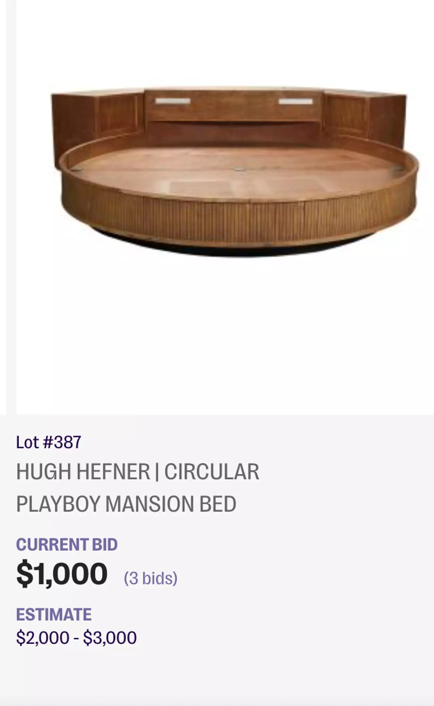 Hefner's Playboy bed is listed too.