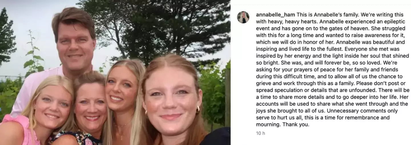 Annabelle's family confirmed she died after an 'epileptic event'.
