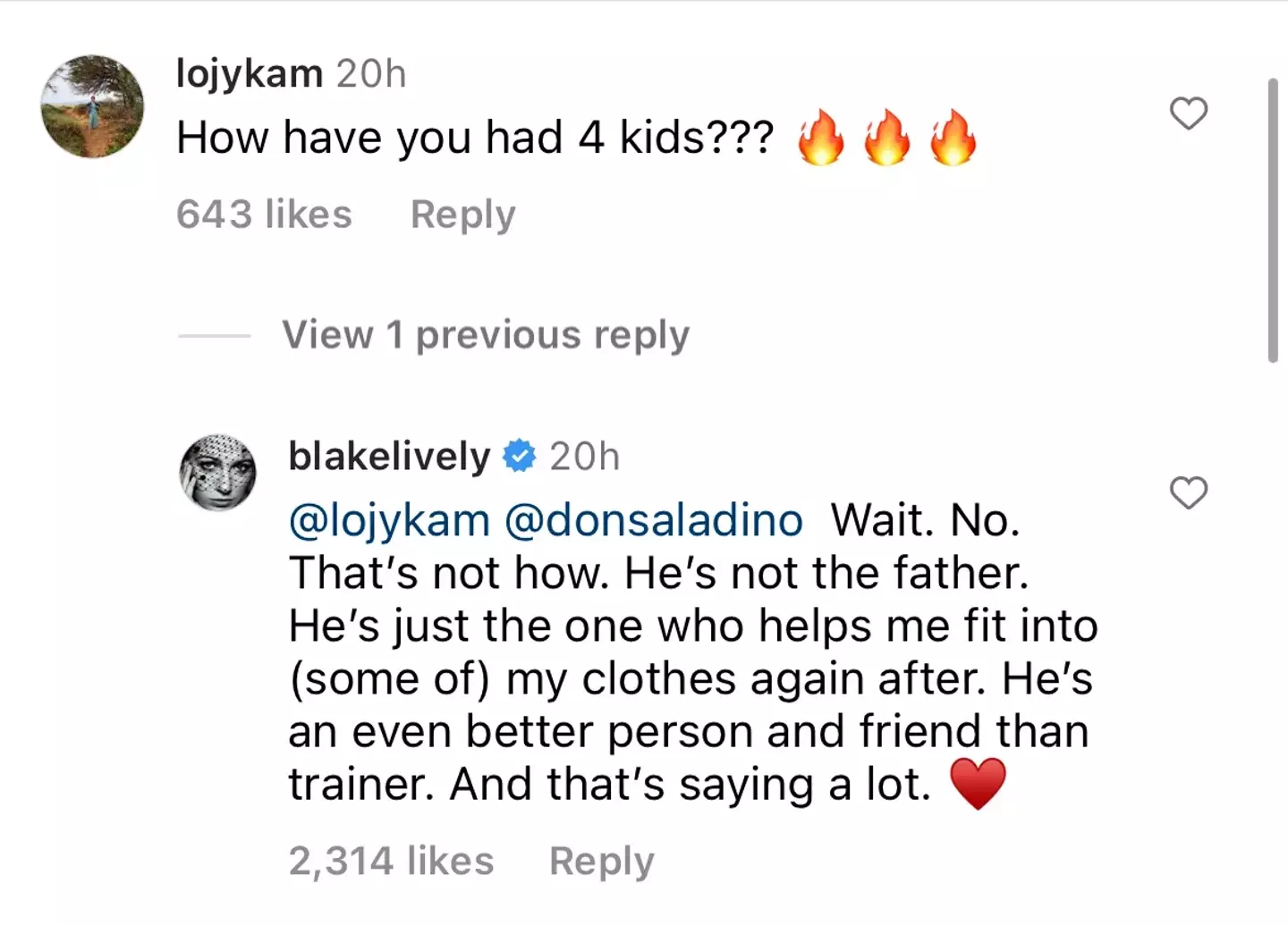 Blake Lively was forced to clarify who her husband is after confusing comment about her personal trainer on Instagram.
