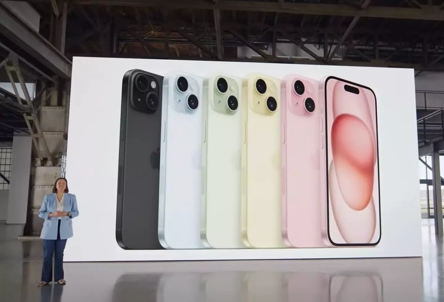 The iPhone 15, unveiled in an abandoned warehouse for reasons only Apple can fathom.