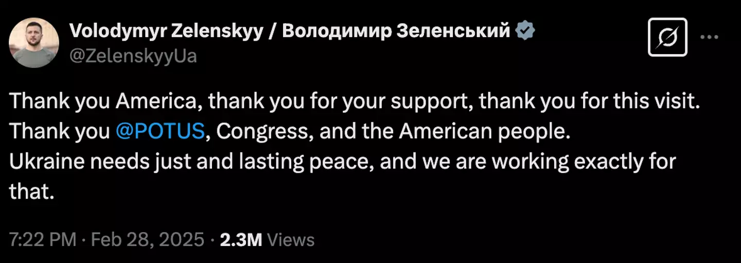 Zelenskyy has released a statement on Twitter following the heated exchange with the POTUS (Twitter/ @ZelenskyyUa)