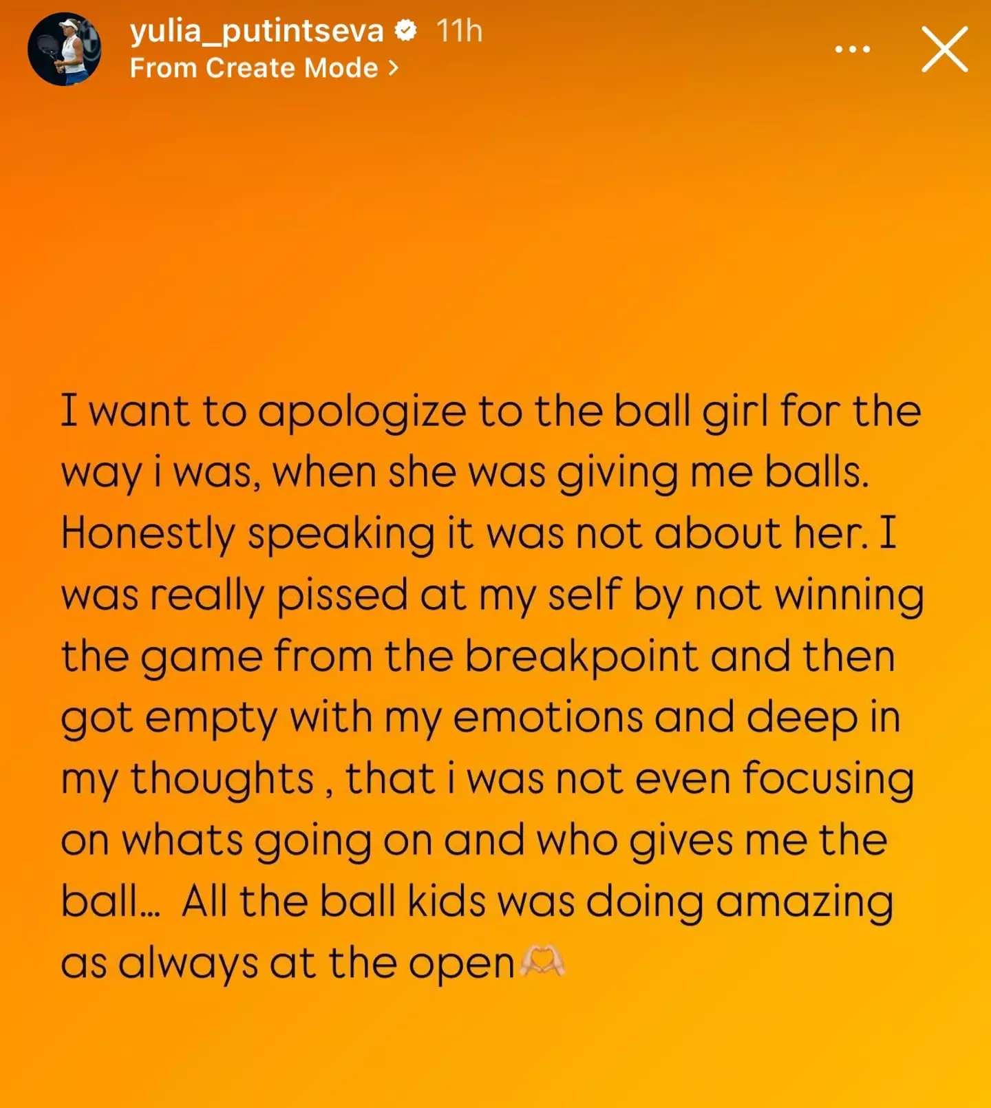 Putintseva took to her Instagram story to apologize to the ballgirl (Instagram/ @yulia_putintseva)
