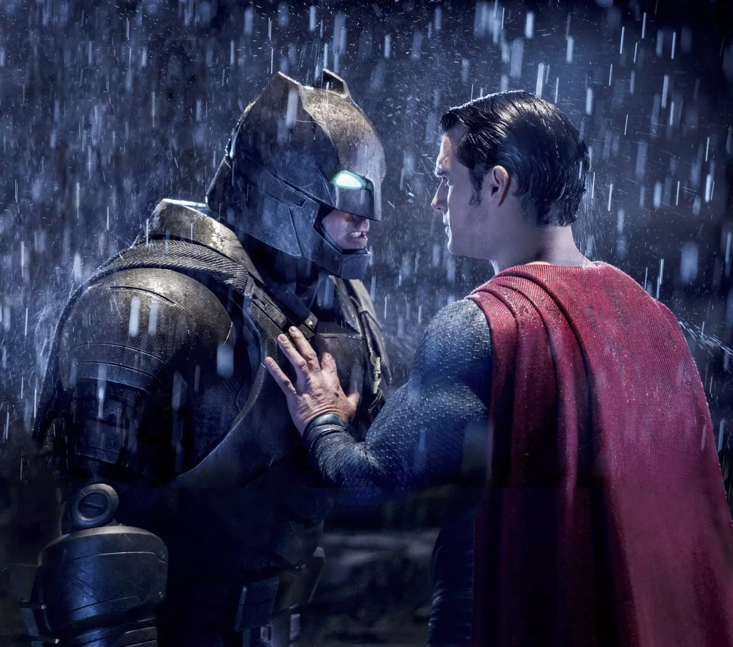 Ben Affleck (Batman) stands off against Henry Cavill (Superman) in 2016's Batman V Superman - Dawn Of Justice.