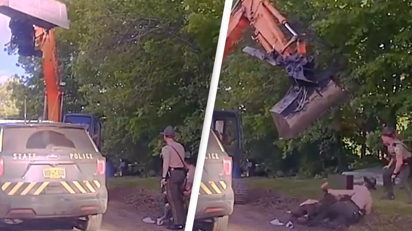 Man Wildly Swings Excavator At Police Who Tried To Take His Son Into Custody