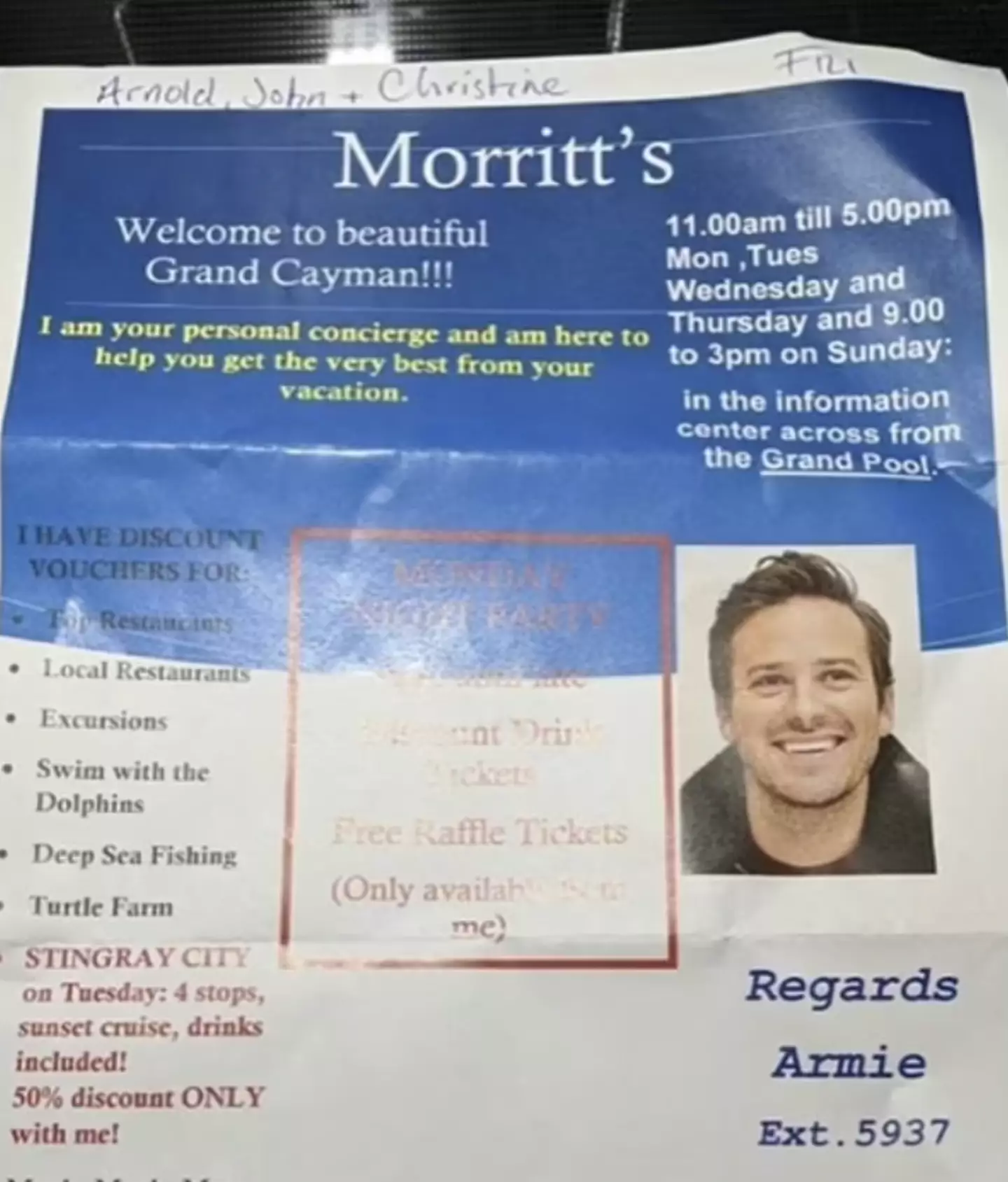 A source has confirmed that Armie Hammer is in fact selling timeshares in the Caymans.