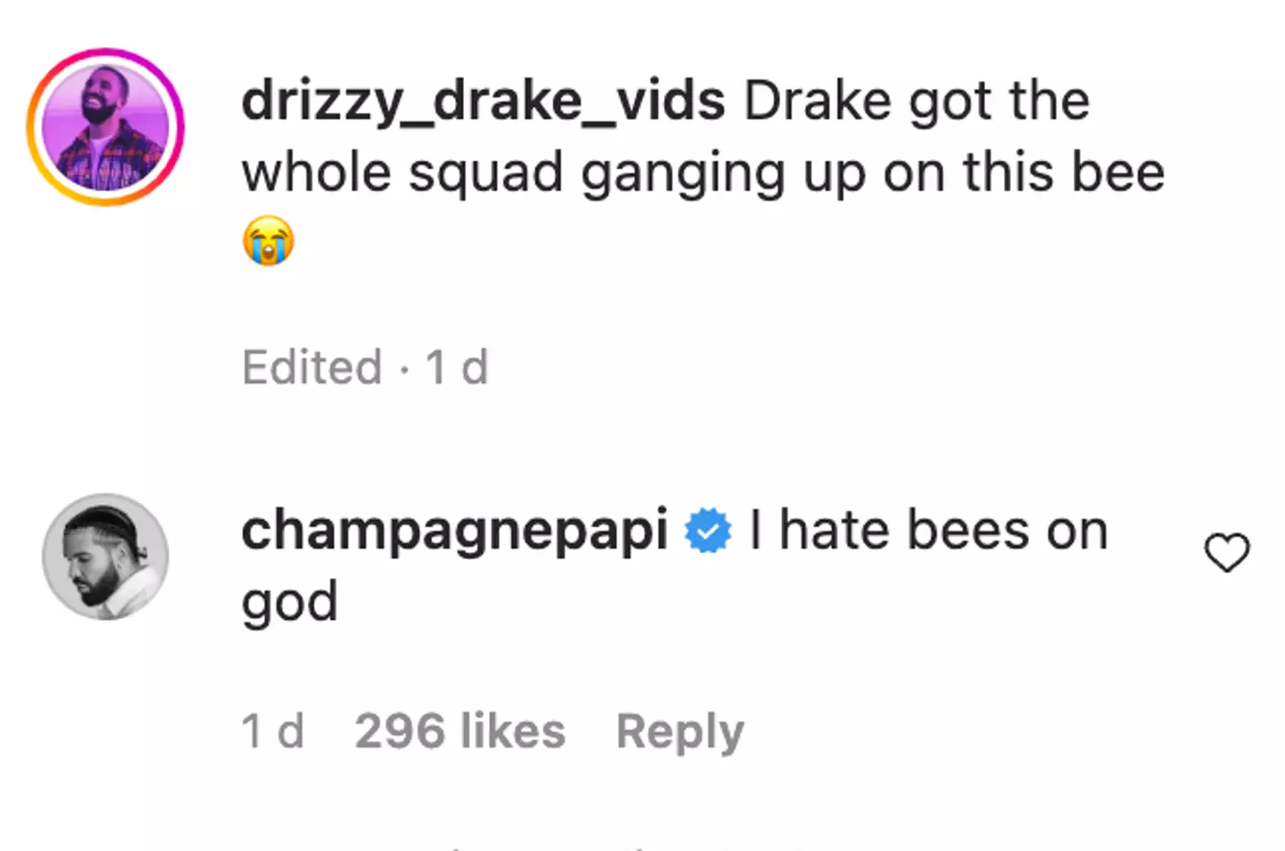 Drake responded to the video to confirm he 'hates' bees.