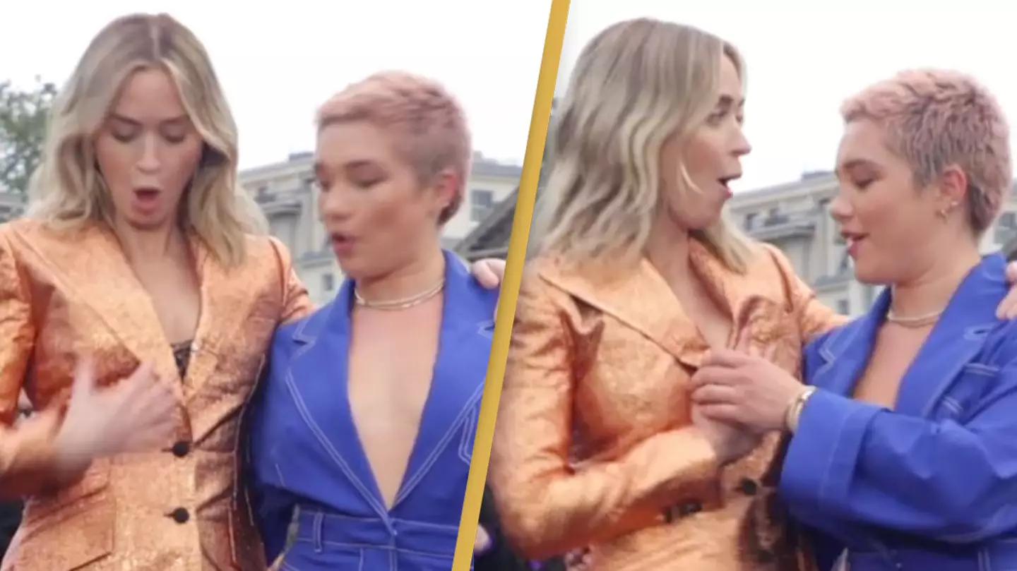 Florence Pugh quickly helps Emily Blunt after button pops open on suit