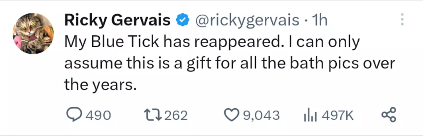 Ricky Gervais also noticed that his Blue Tick has reappeared.