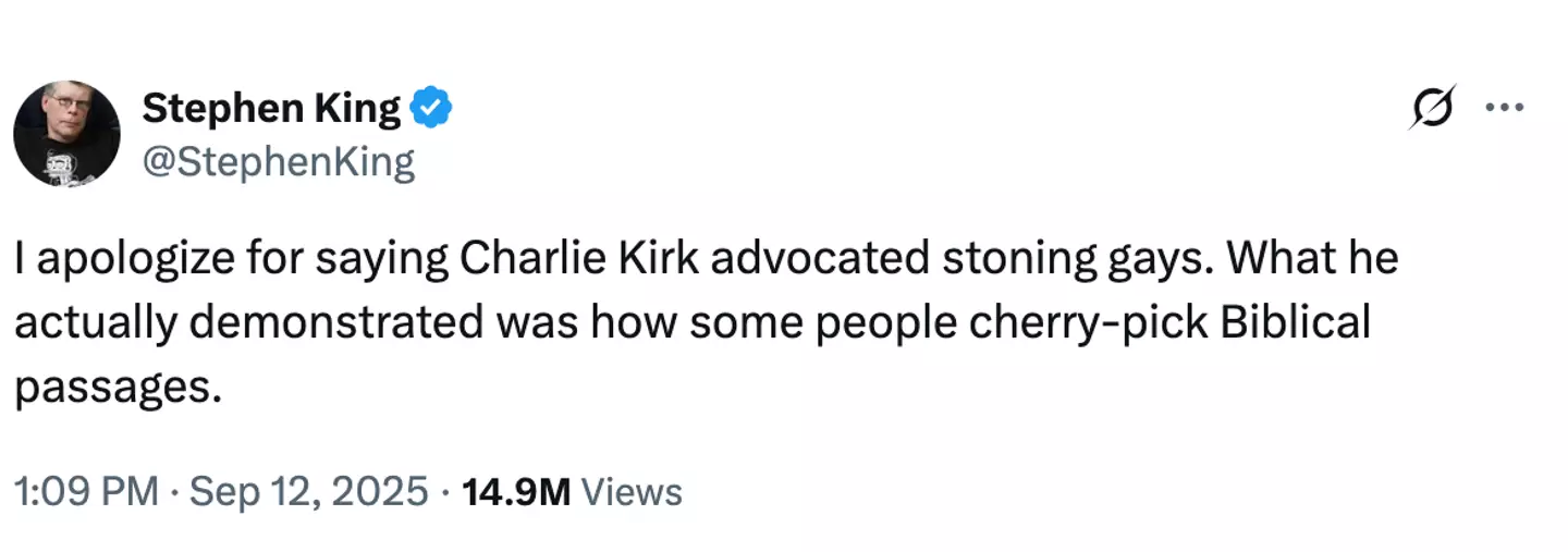 Stephen King has apologized for his original post (X/stephenking)
