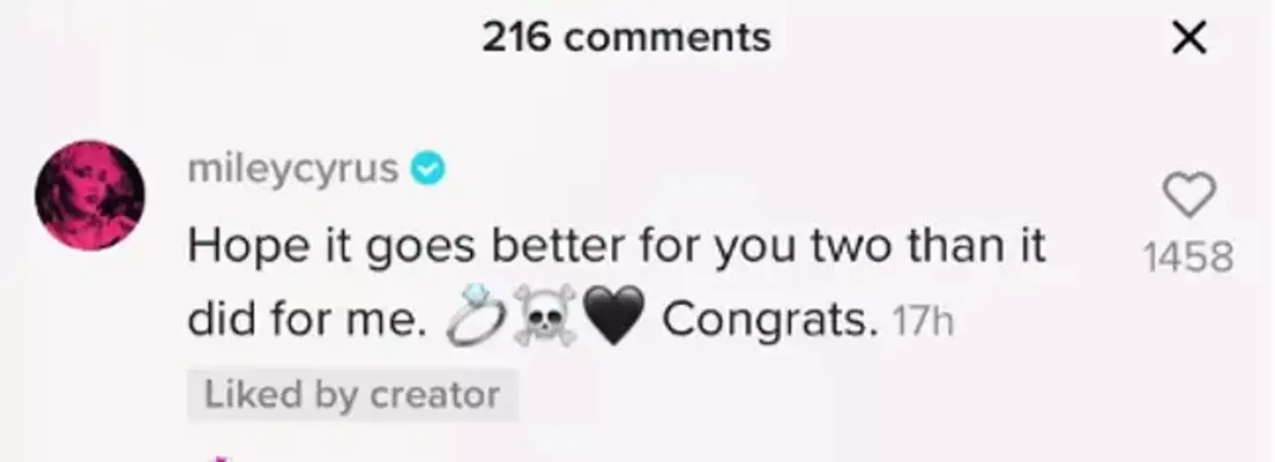 Miley commented on the TikTok.