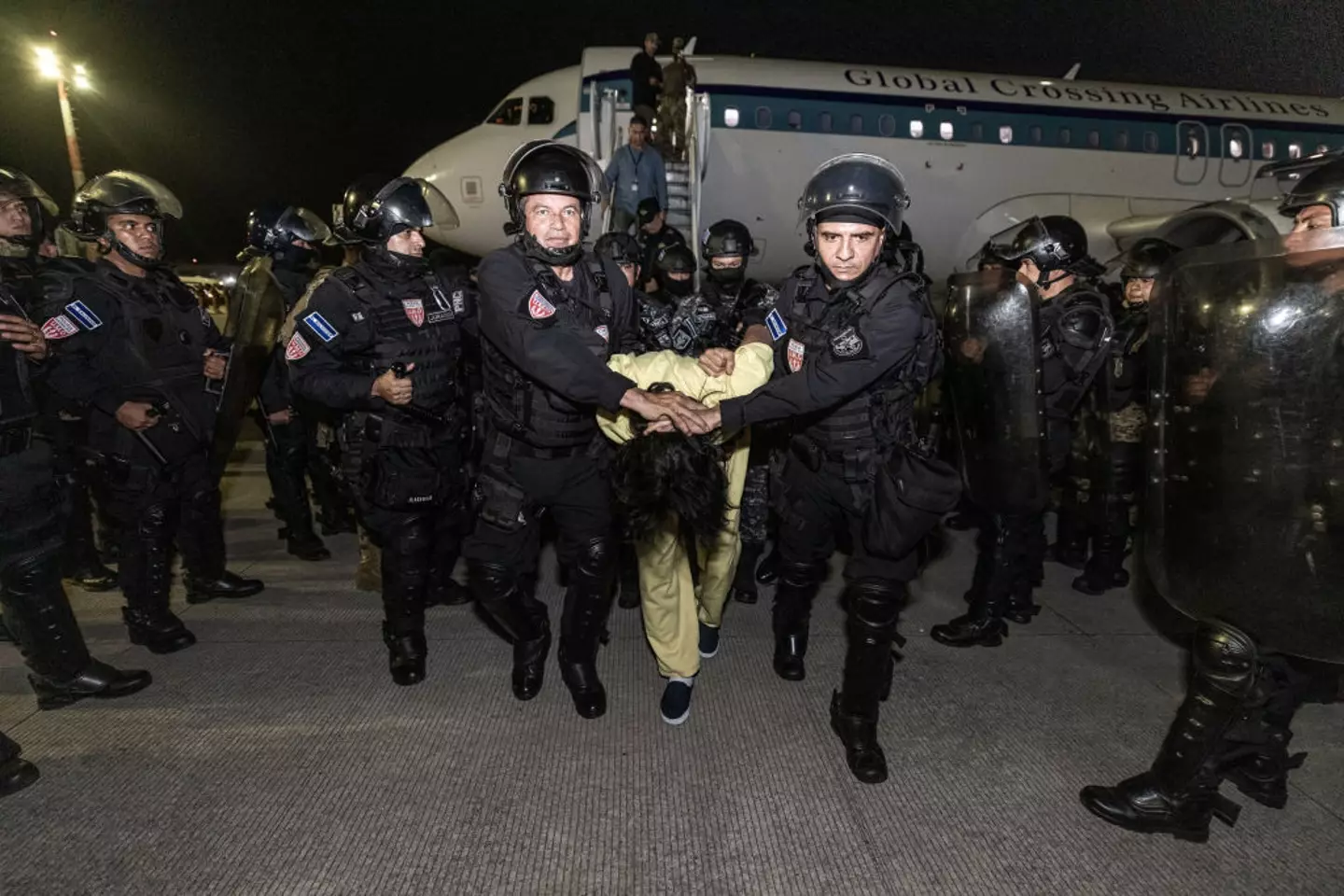 More than 250 alleged gang members were sent from the US to El Salvador's mega-prison earlier this month ( El Salvador Presidency / Handout/Anadolu via Getty Images)