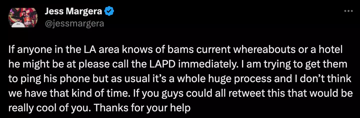 Jess Margera's tweet about his brother Bam's whereabouts.