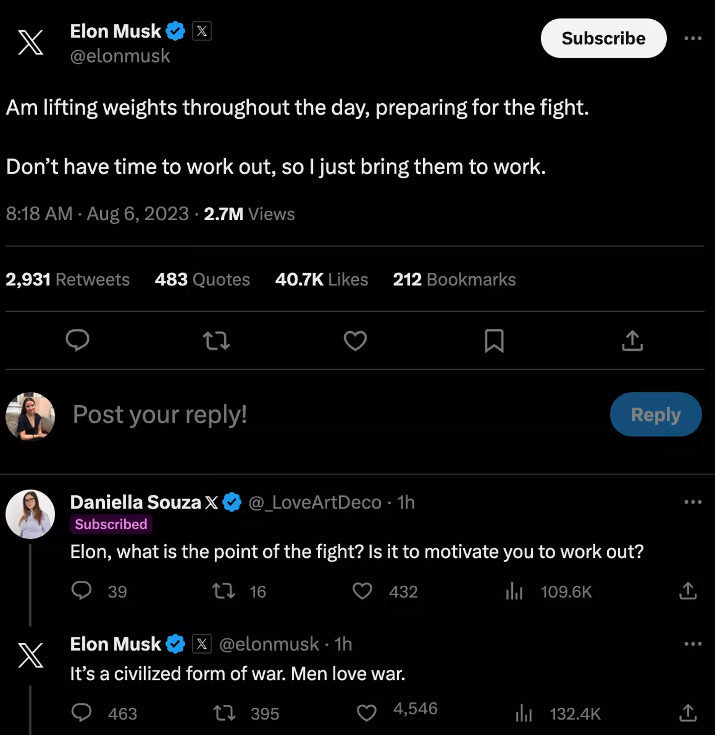 Musk divulged what preparation he's doing ahead of the fight.