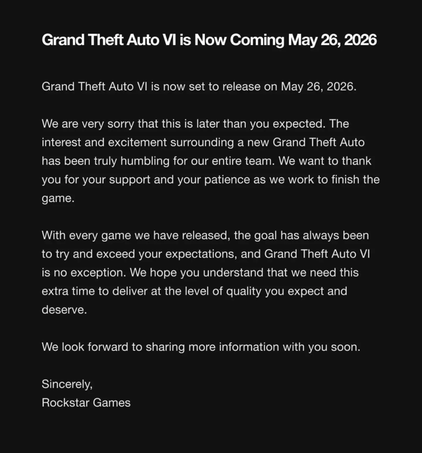 Rockstar Games have given an update on GTA VI (rockstargames/Instagram)