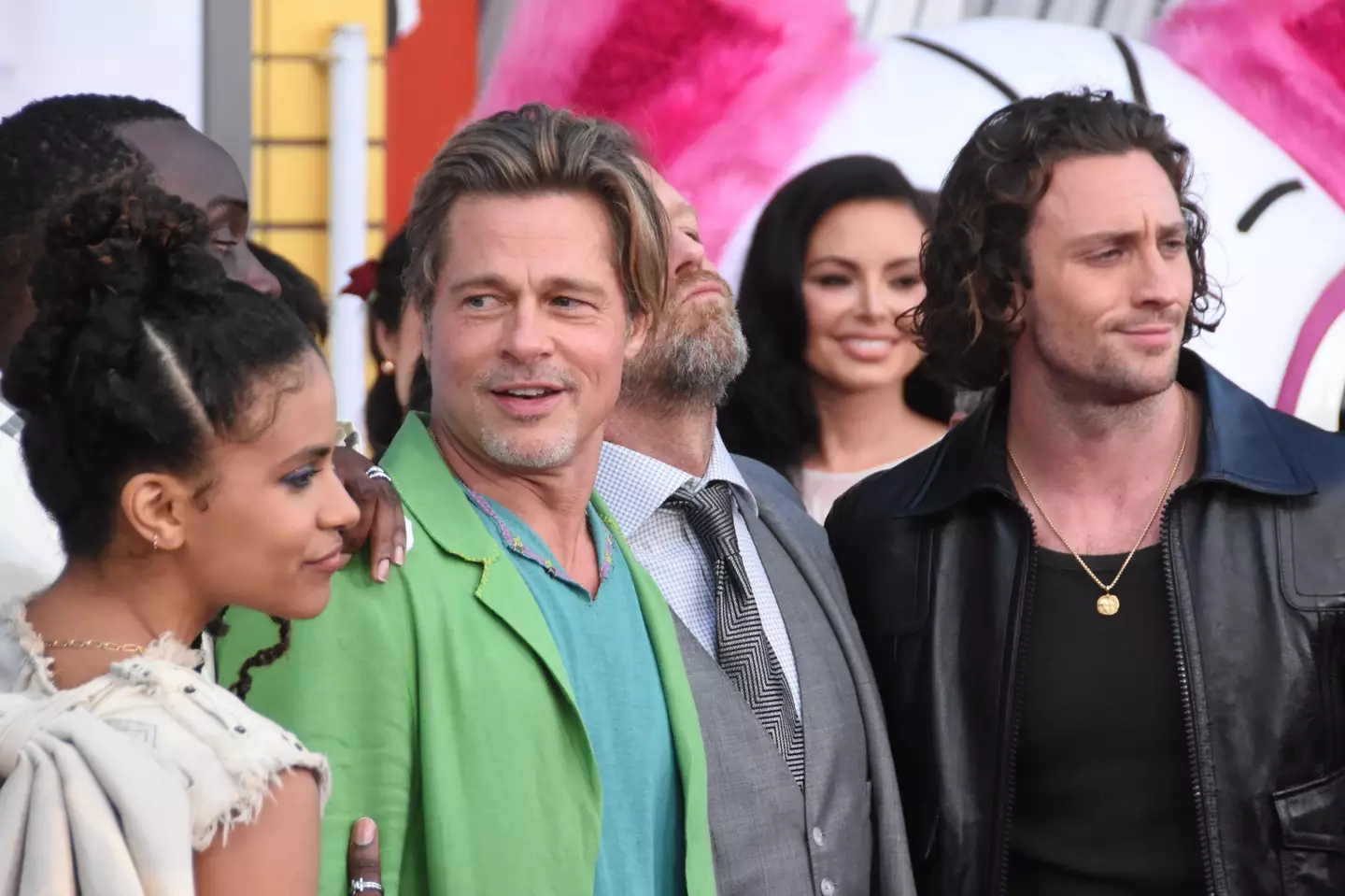 Actor Brad Pitt and Actor Aaron Taylor-Johnson attend the premiere of Bullet Train.