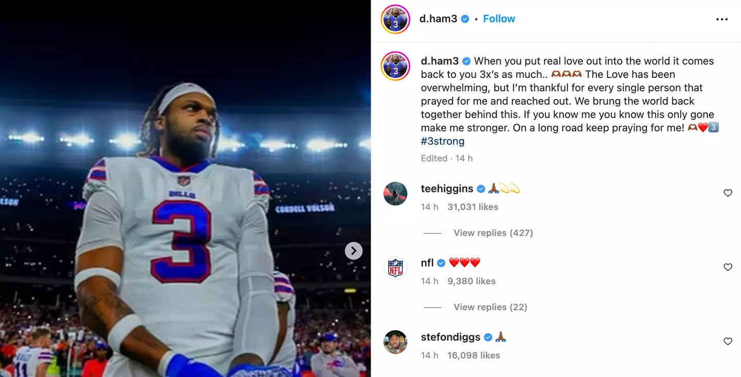 The NFL player also took to Instagram to thank fans for their love and support.