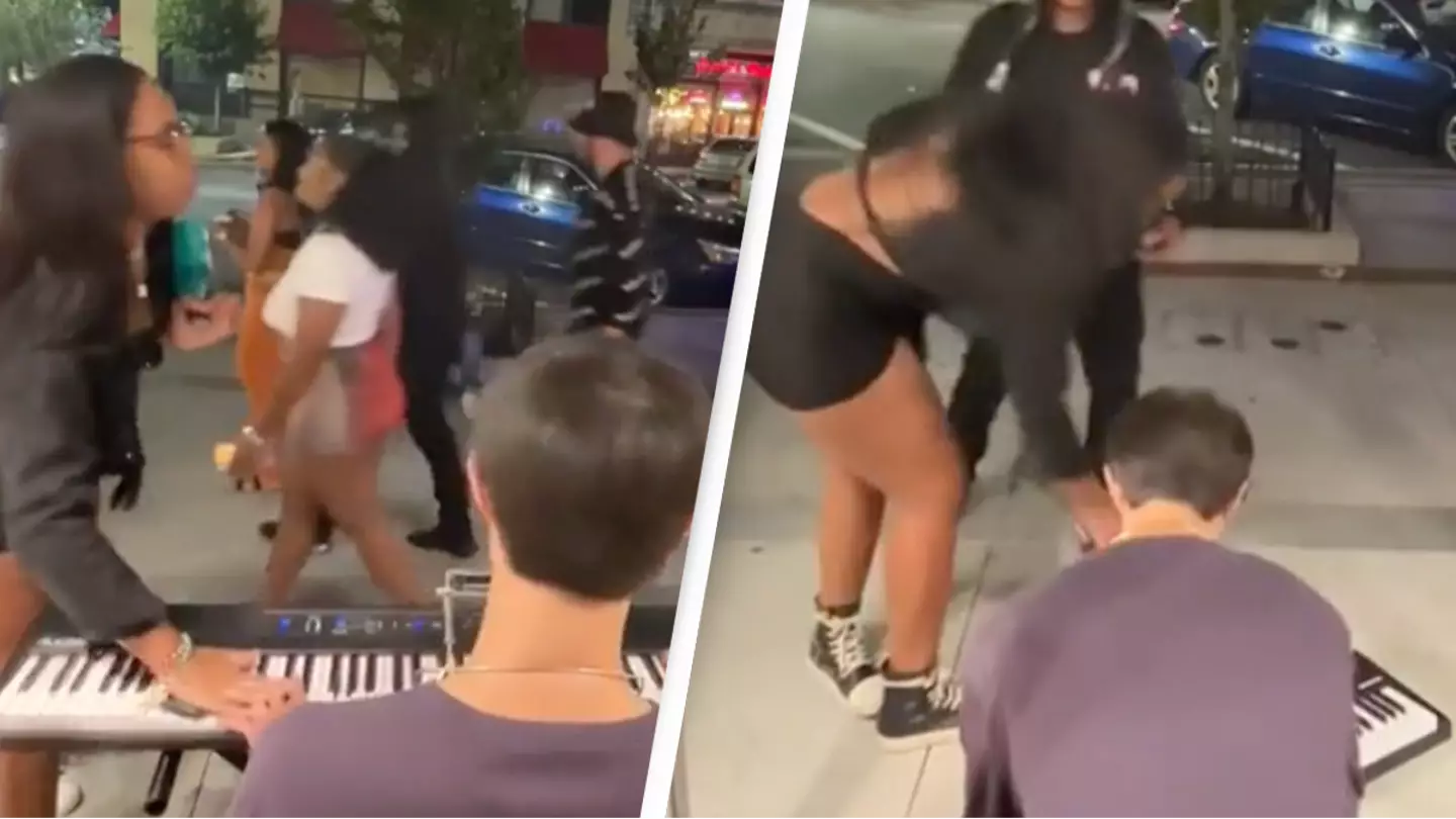 Shocking moment woman destroys busker's piano and 'steals his money'