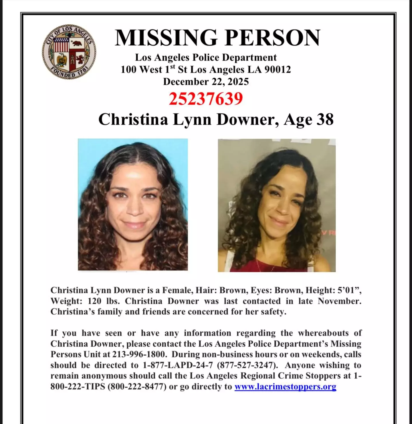 LAPD shared her missing persons poster (Los Angeles Police Department)