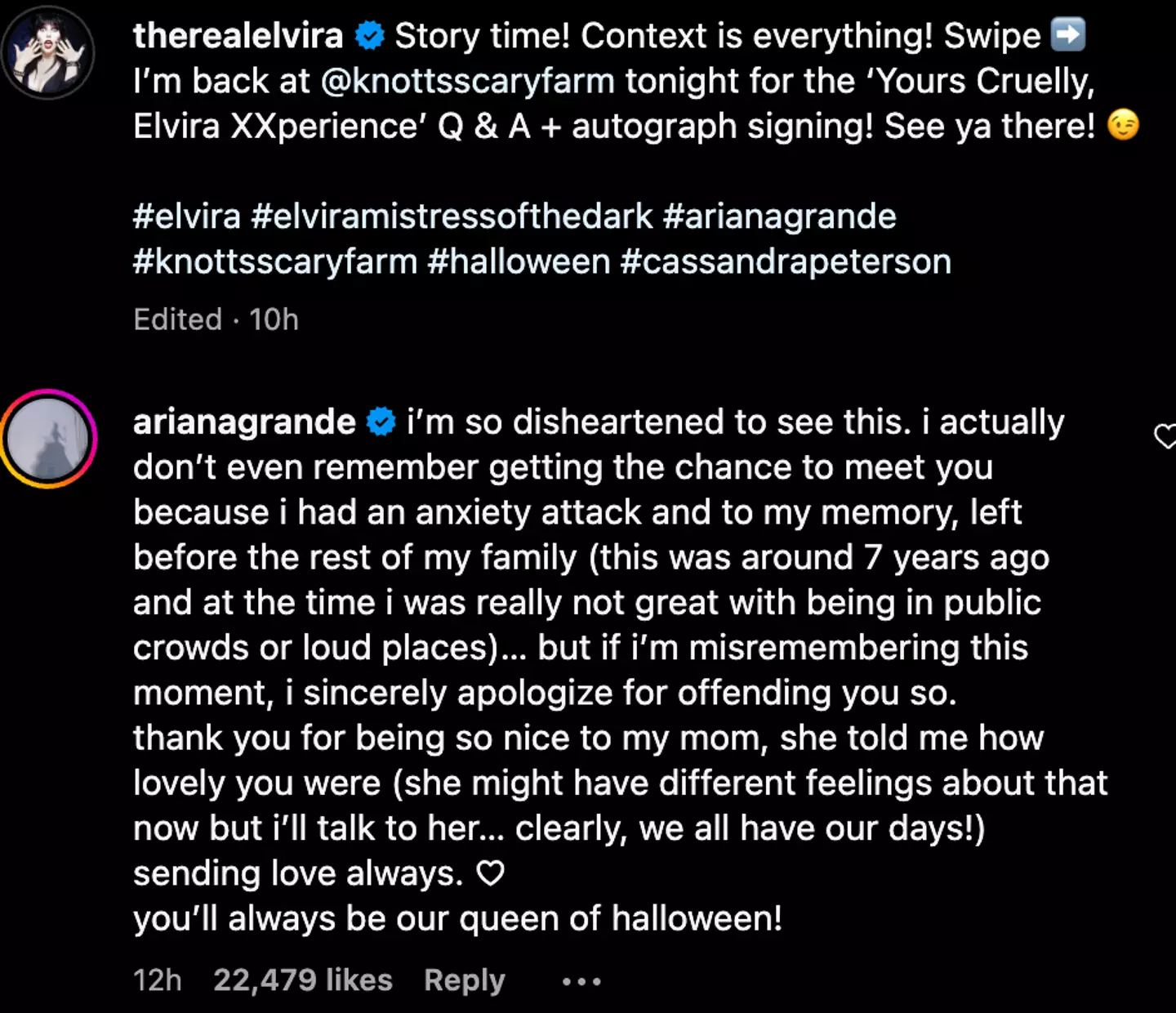 Ariana Grande has since responded to Elvira's post (Instagram/ @therealelvira)