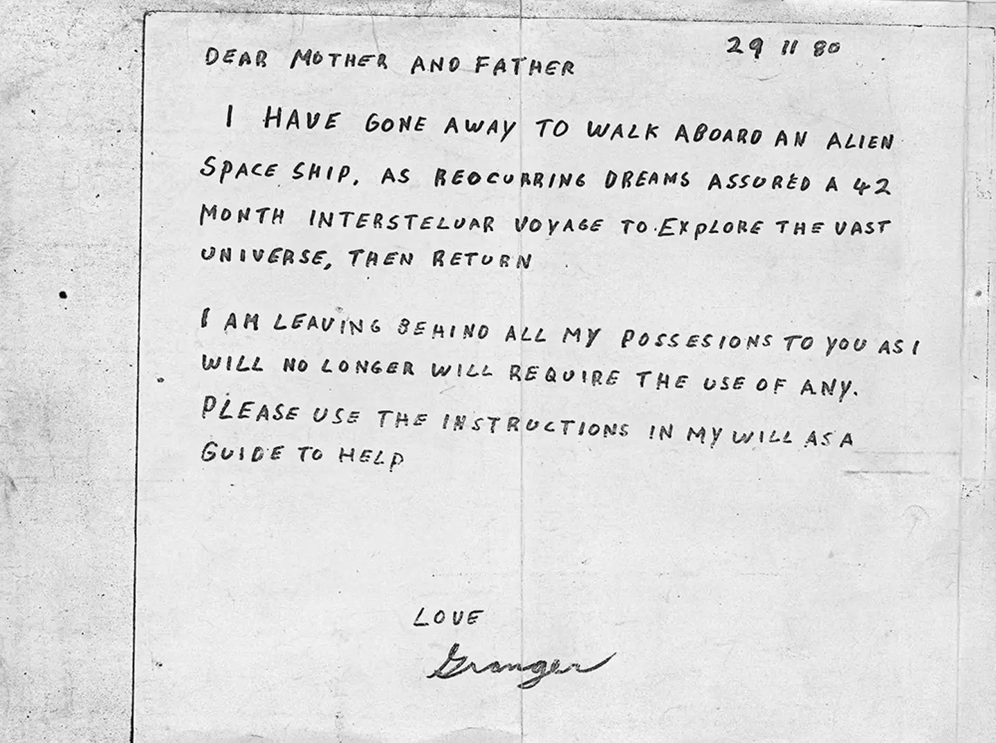 Granger Taylor left this note for his family the night he disappeared, claiming he was about to board an alien spaceship.