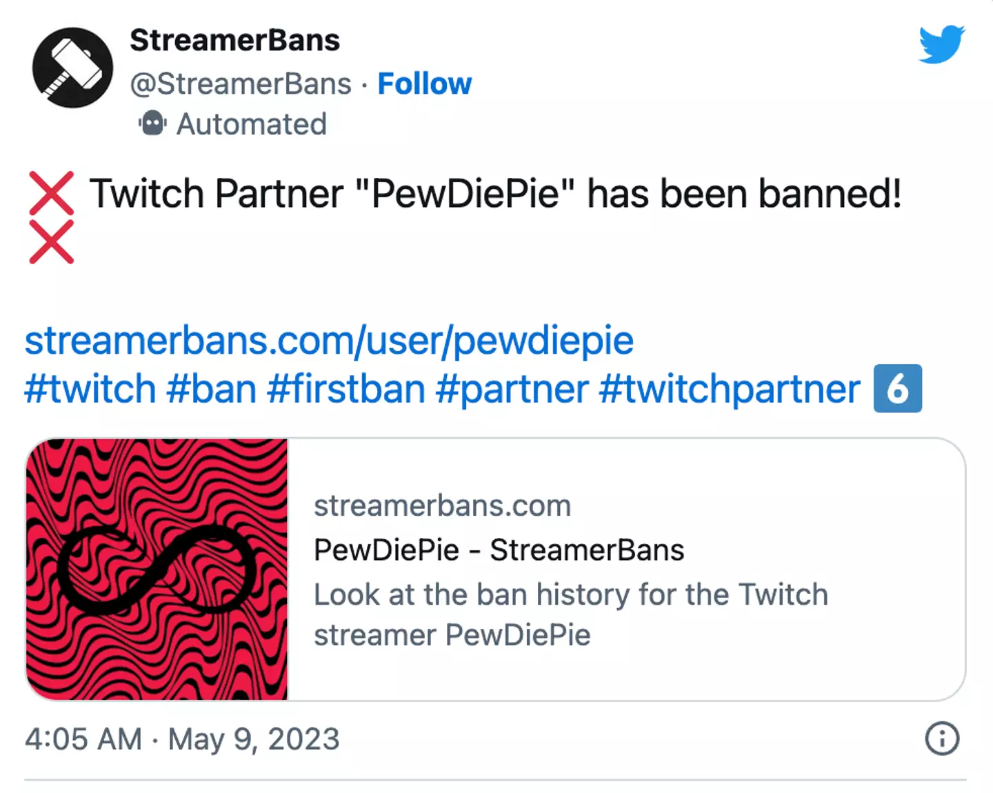 PewDiePie's ban was shared by a bot on Twitter.