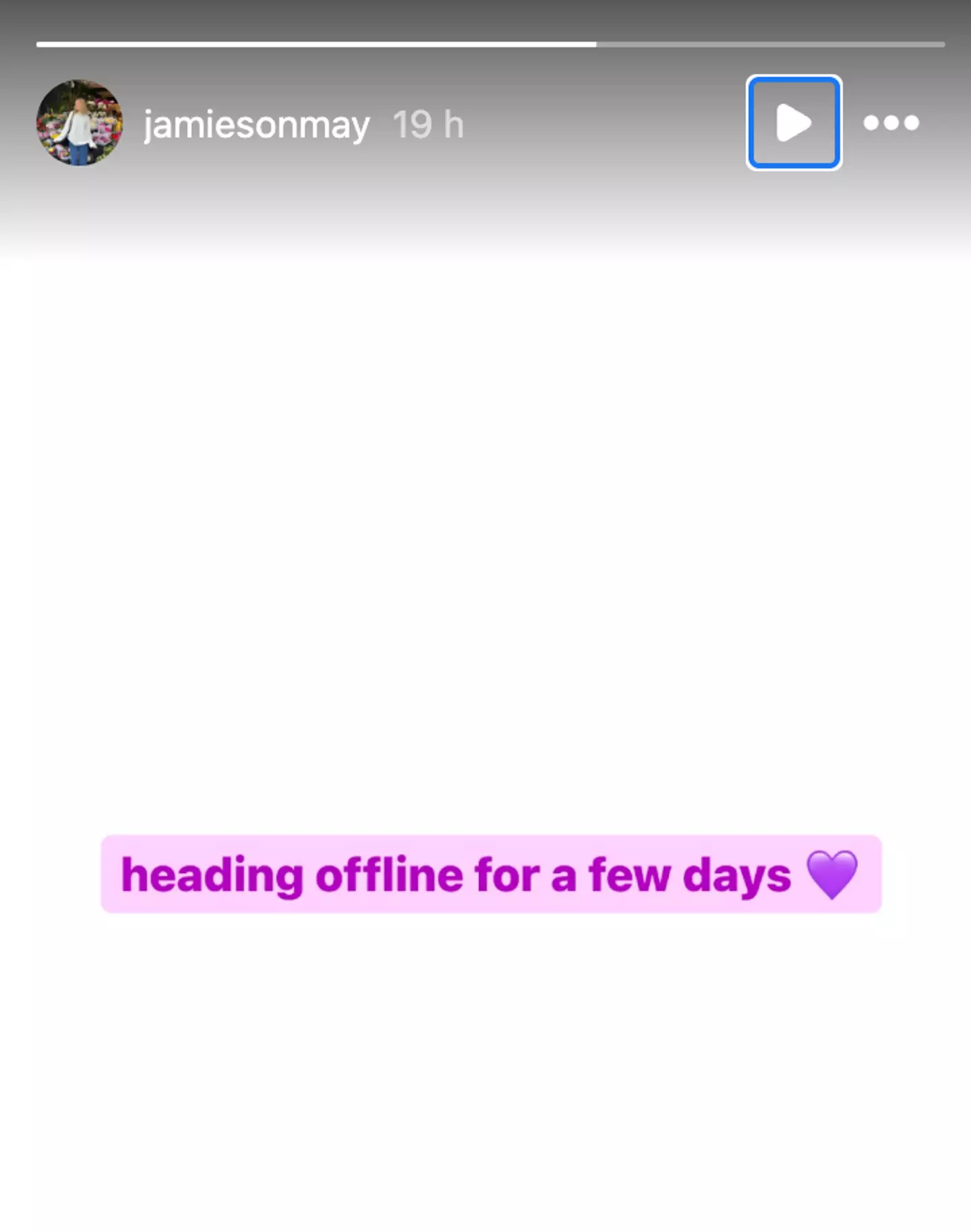 On her Instagram page, which has 15,600 followers, she shared the message saying ‘heading offline for a few days’. (jamiesonmay/Instagram)