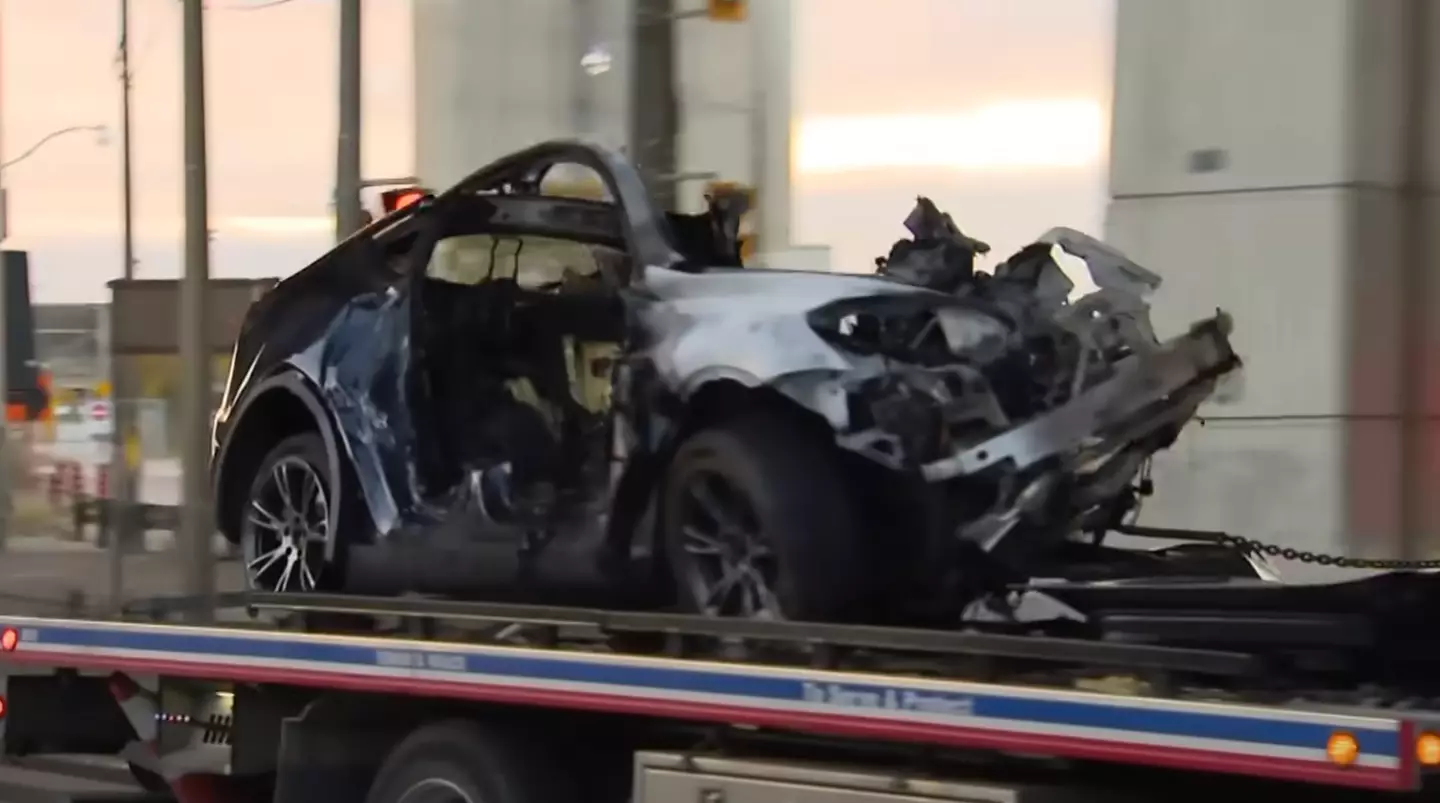 The vehicle was badly damaged in the ordeal (City News/YouTube)