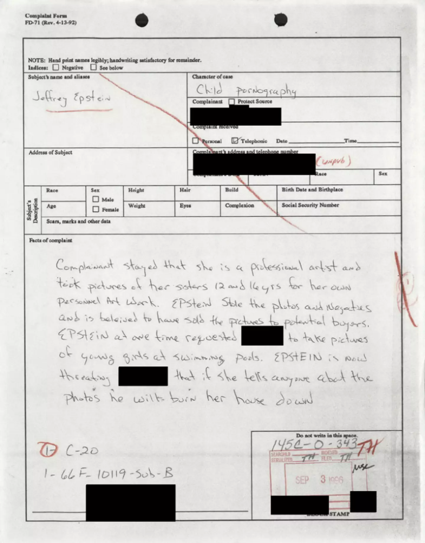 A redacted copy of Maria Farmer's 1996 complaint was made public on Friday (Department of Justice)