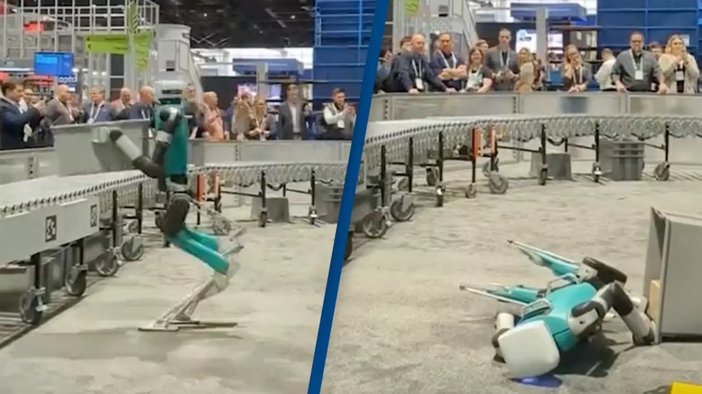 Warehouse robot collapses after working for 20 hours straight