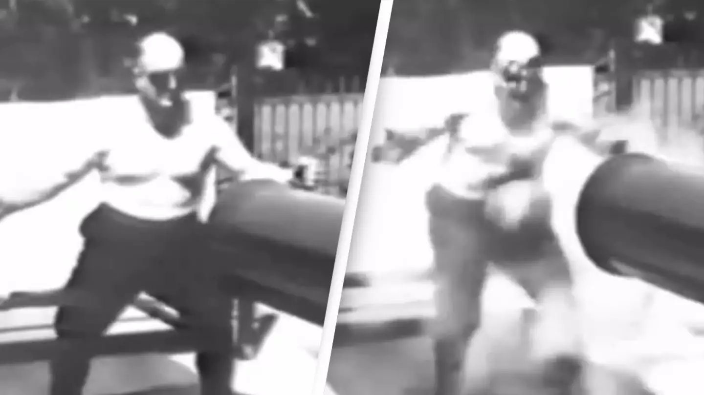 Insane footage shows man taking a 104-pound cannonball to the stomach at point blank range