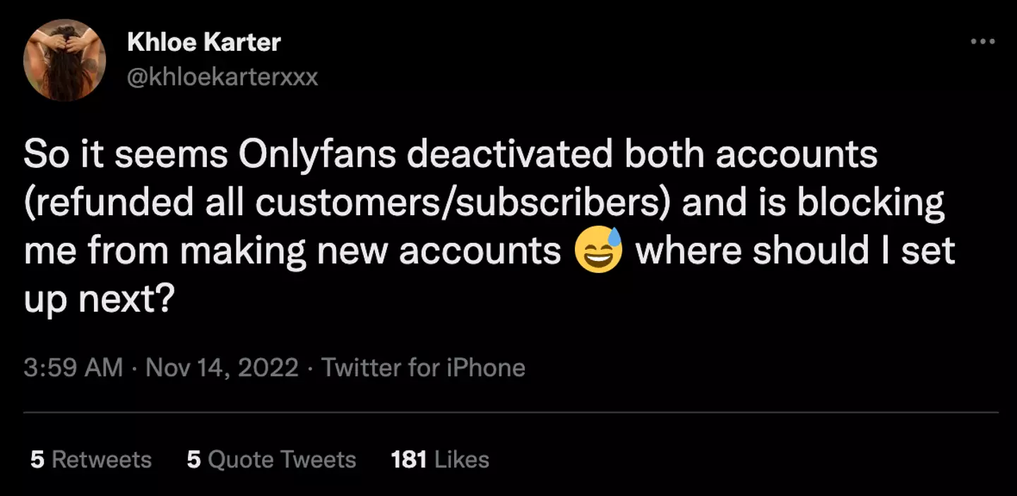Peer claims OnlyFans is 'blocking' her from creating 'new accounts' too.