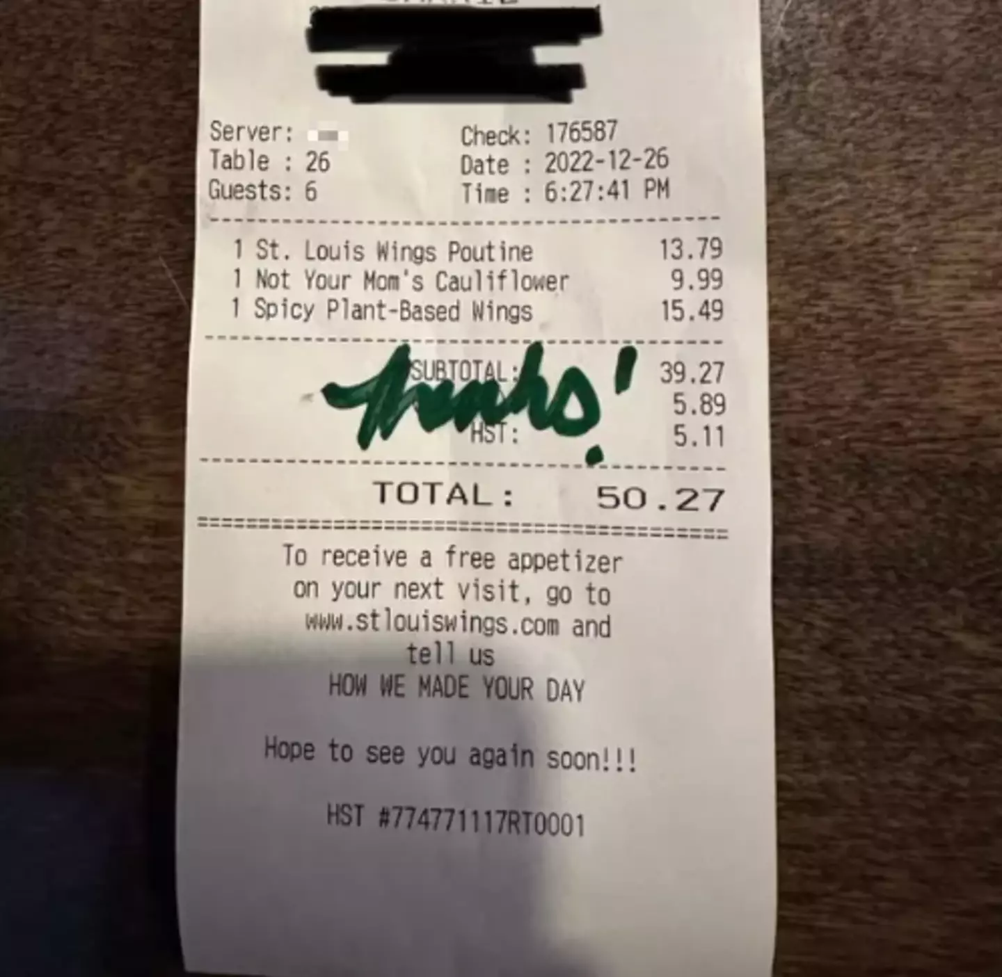 The word 'thanks' seemed to be covering part of the bill.