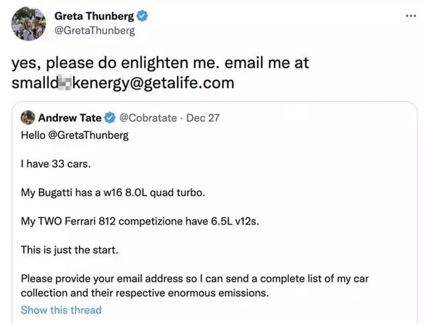 Greta Thunberg's roasting of Andrew Tate has made Twitter history.