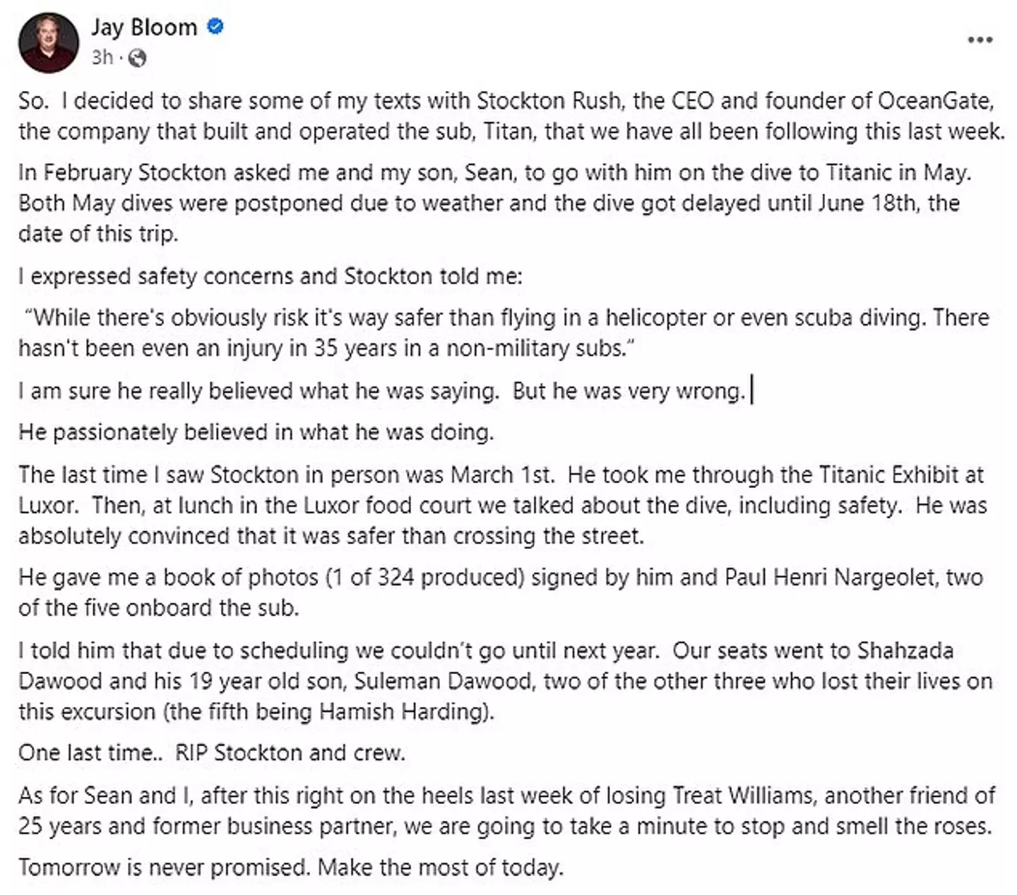 Jay Bloom shared a series of texts with late OceanGate CEO.
