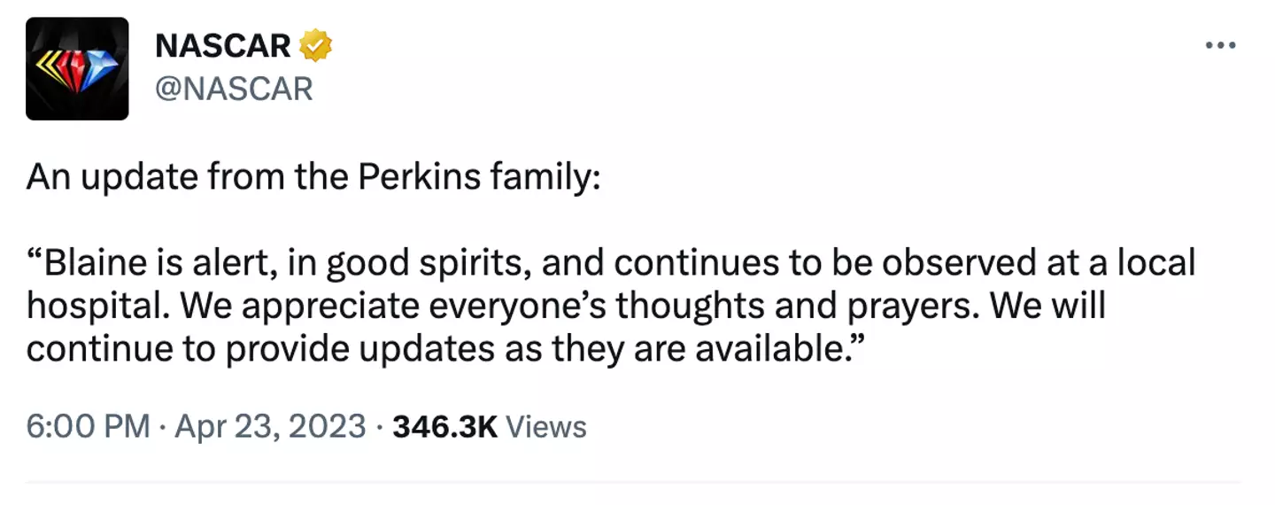 Perkins' family shared an update after the crash.