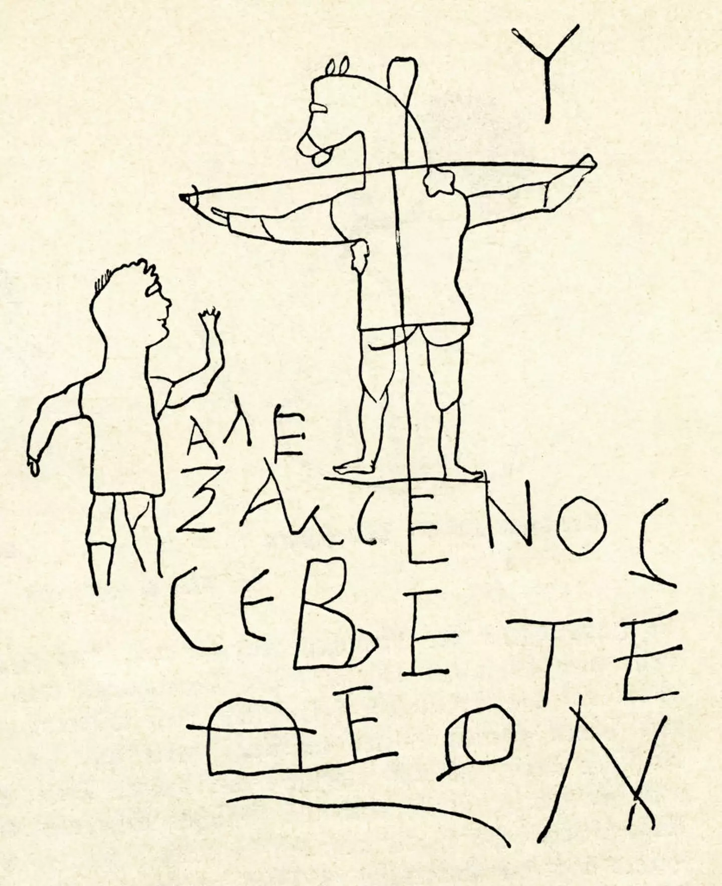 Alexamenos graffito - Roman anti-Christian graffiti discovered on a wall in Palatine Hill, Rome. Greek inscription reads 'Alexamenos worships his God' with an image of a man worshipping a crucified, donkey headed figure (Culture Club/Bridgeman via Getty Images)