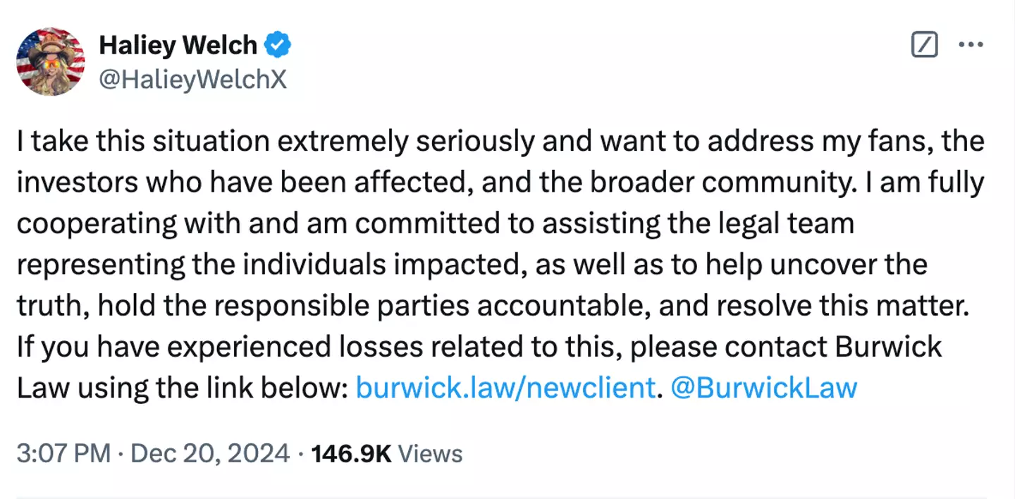 Welch responded to the lawsuit on Twitter (X/@HalieyWelchX)