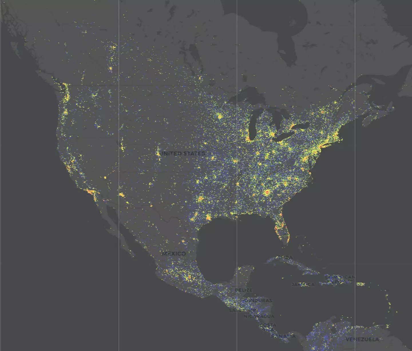 The map shows the building density of the US (GlobalBuildingAtlas)