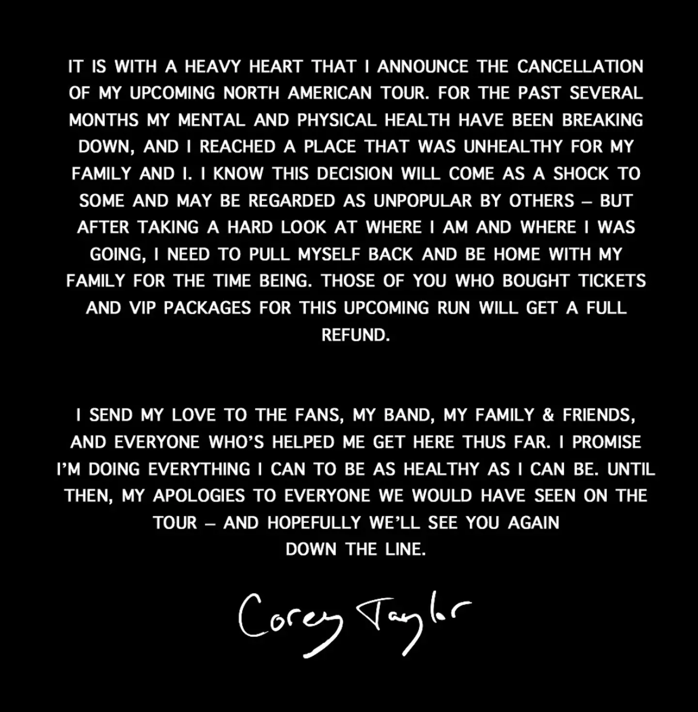 A statement regarding the star's mental health and North American tour cancellation was shared earlier this month.