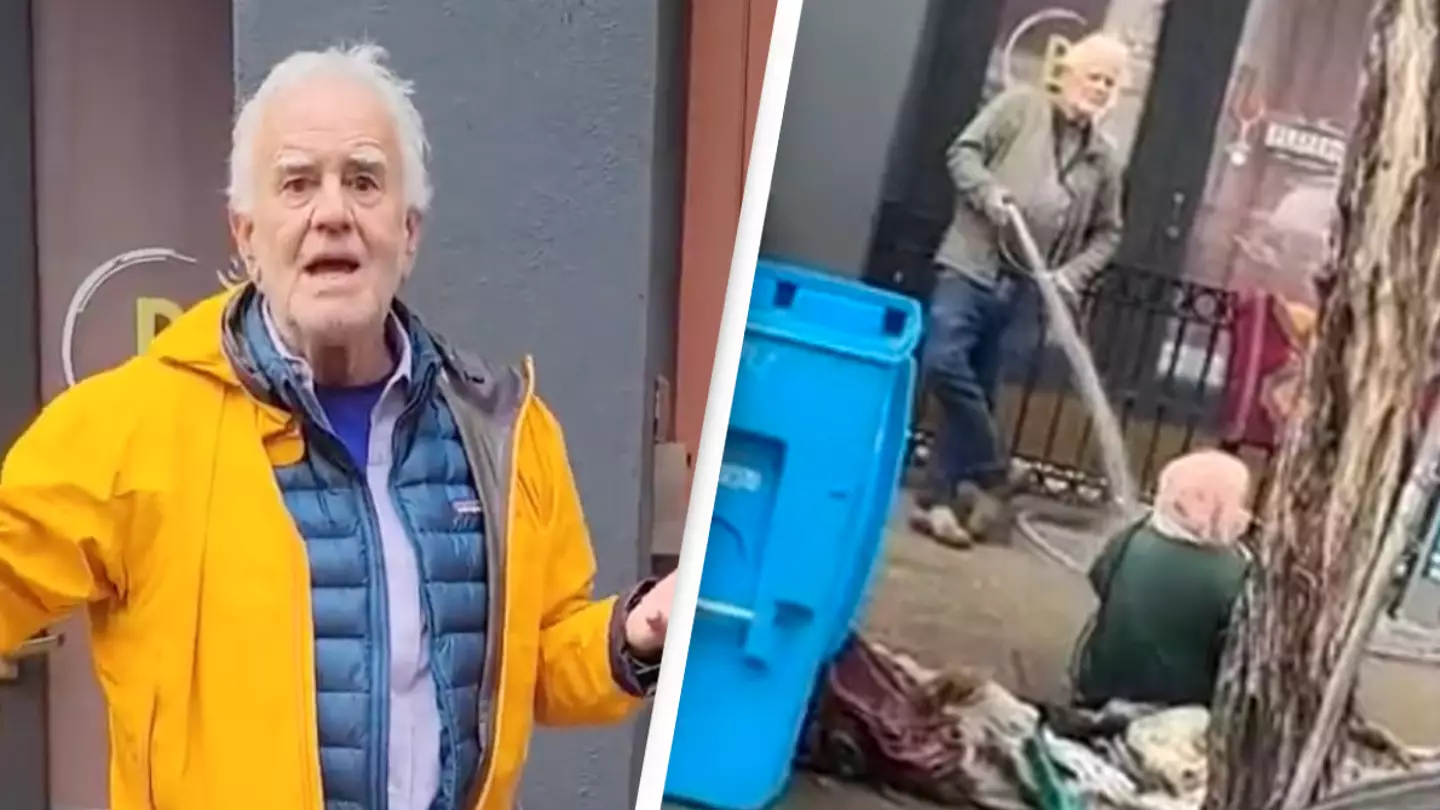 Man seen hosing homeless woman down in street says he was trying to help her