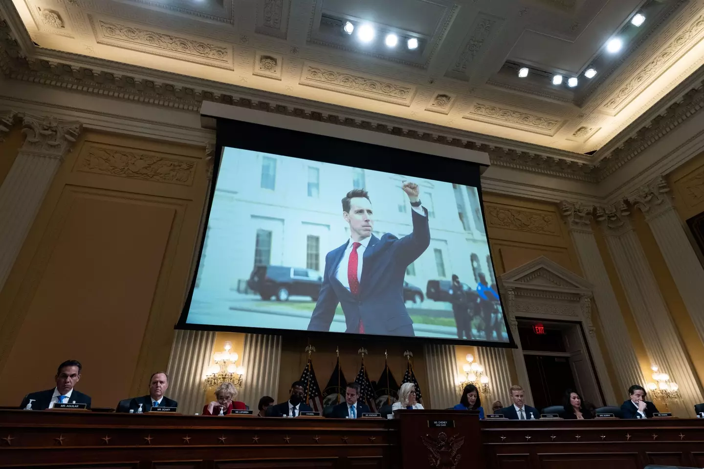 The January 6 Committee were first shown the photo of Josh Hawley fist pumping the air with crowds outside the Capitol.