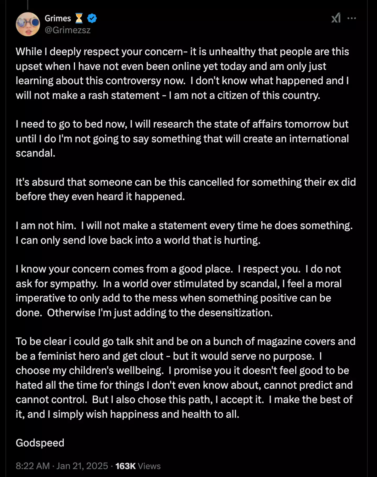 Grimes issued a lengthy response to a fan on X (@Grimezsz/X)