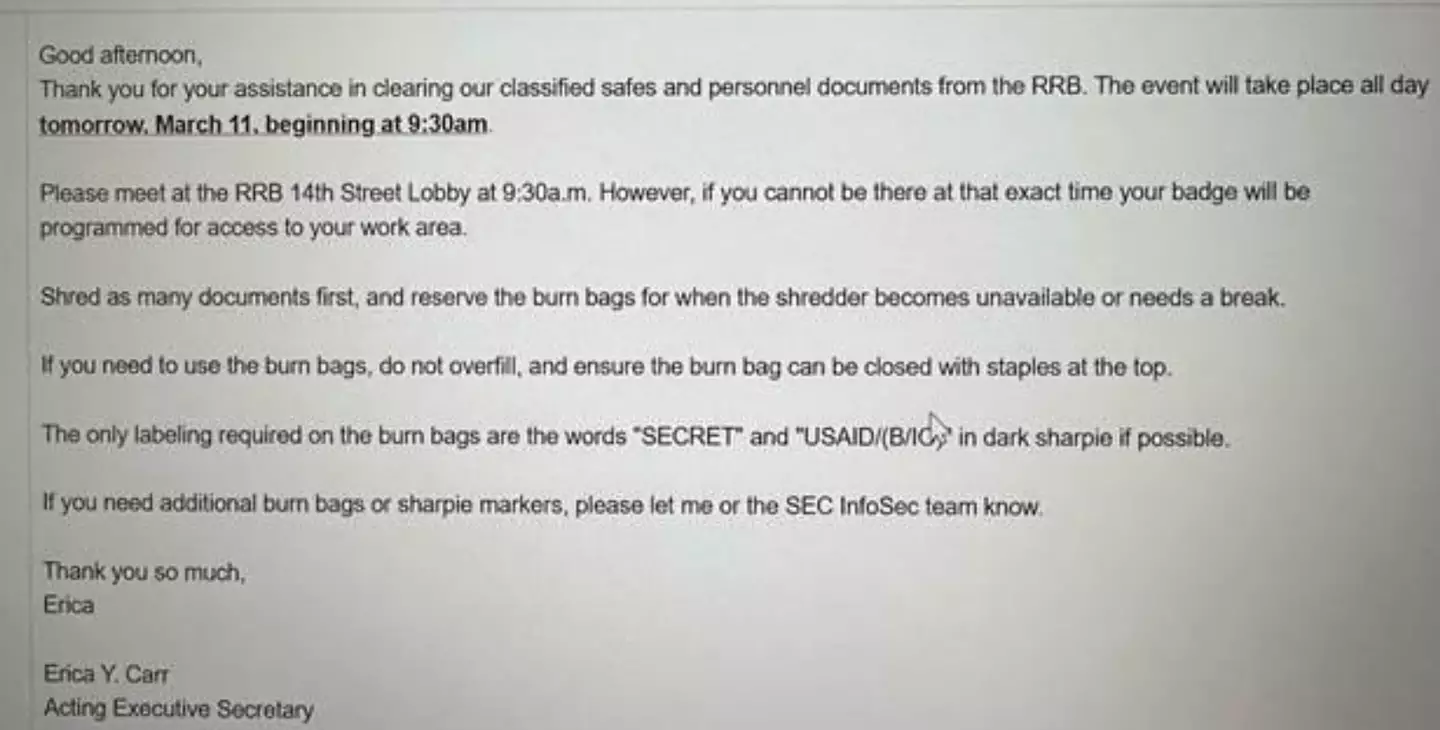 Alleged email from USAID official ordering staff to 'shred and burn' documents (Court filing)