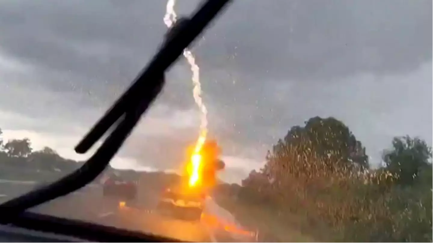 Woman Captures Terrifying Moment Lightning Strikes Her Husband's Truck