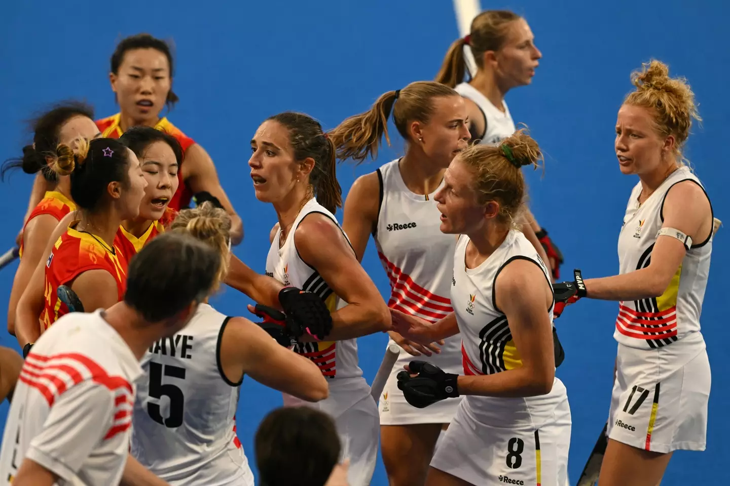 Tempers flared between Belgium and China at the end of the 4th quarter in the women's hockey event. (ARUN SANKAR/AFP via Getty Images)