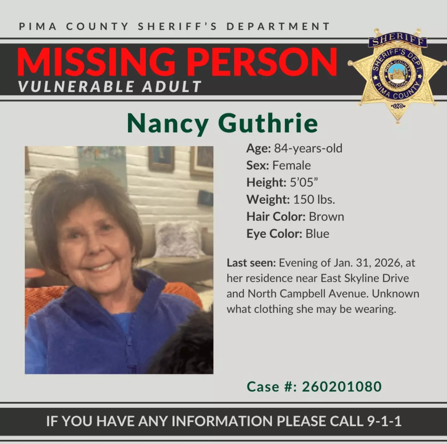 Nancy Guthrie was last seen on January 31 (Pima County Sheriff's Department/Twitter)