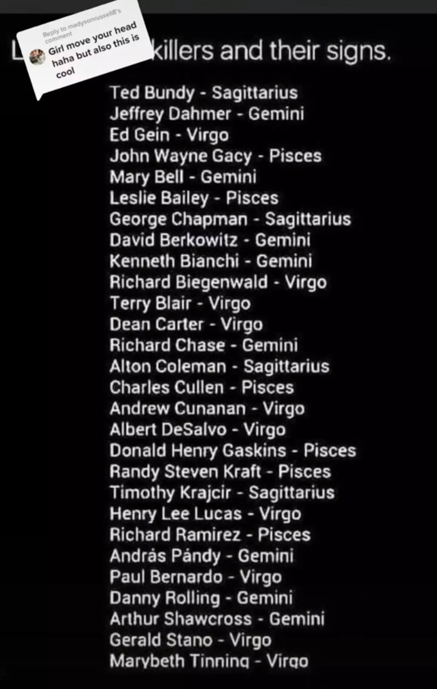 Skirvin later shared the full list in a follow-up video.