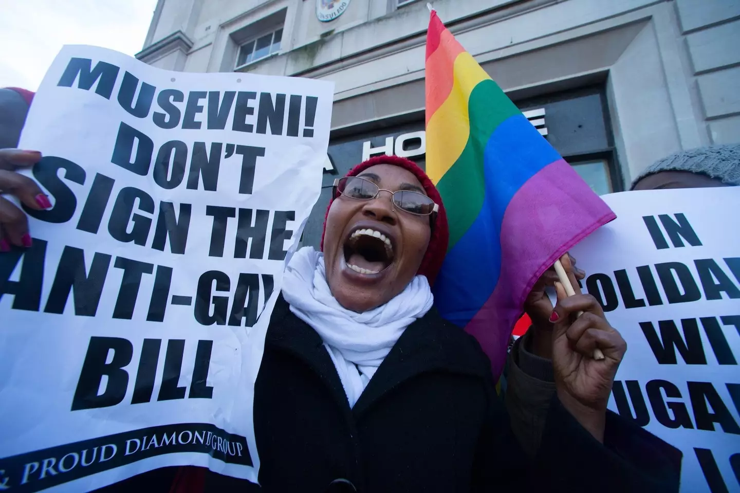 K Ugandans and LGBT supporters were outside The Uganda High Commission of London protesting an anti-homosexual bill.