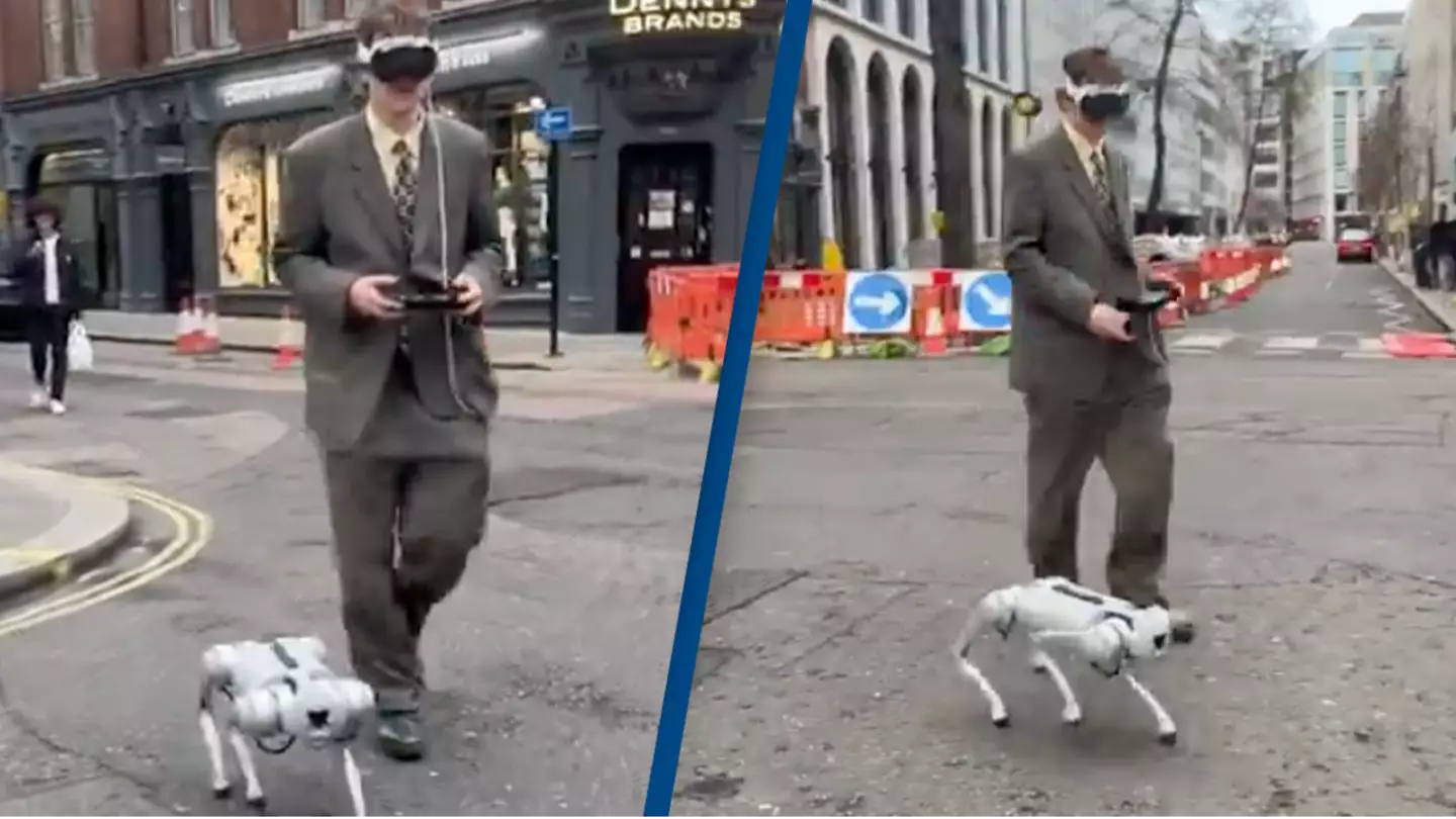 People stunned after seeing man wearing Apple Vision Pro to walk his robodog