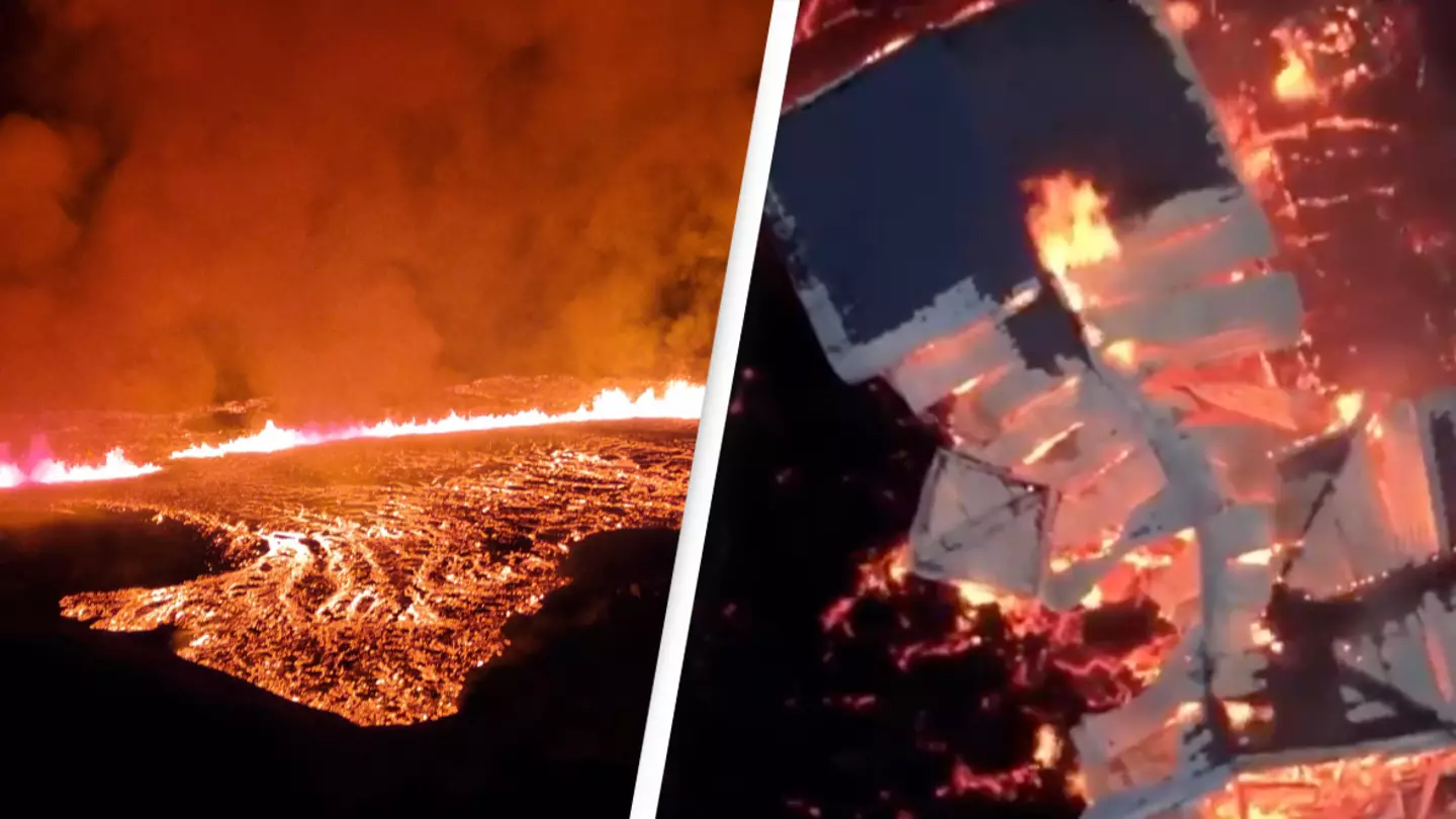 Terrifying moment fast-moving lava stream swallows houses after enormous volcanic eruption